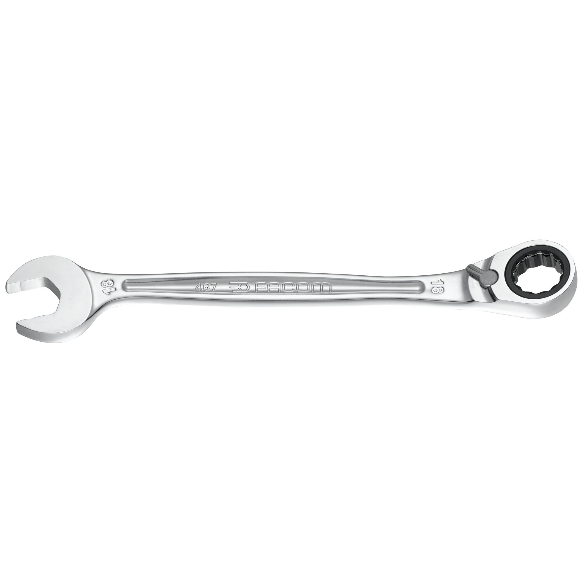 Photo of Facom 467B9 combination ratcheting wrench, silver finish, flat side view on white background.